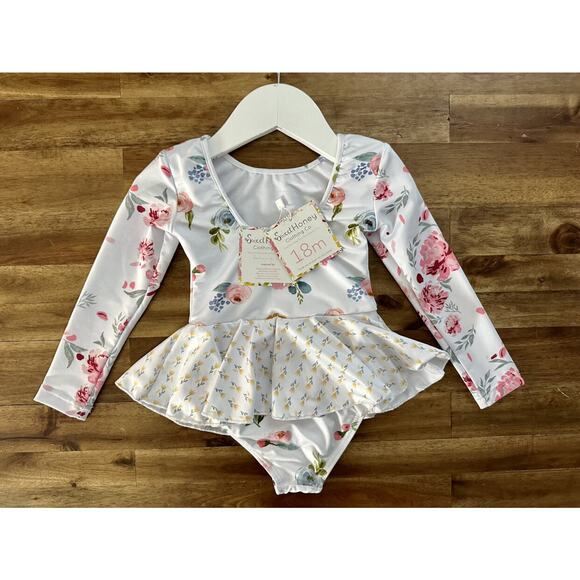 NWT SweetHoney Skirted Leotard Feeling Fancy White Pink Floral Long Sleeves 18M - Picture 3 of 4